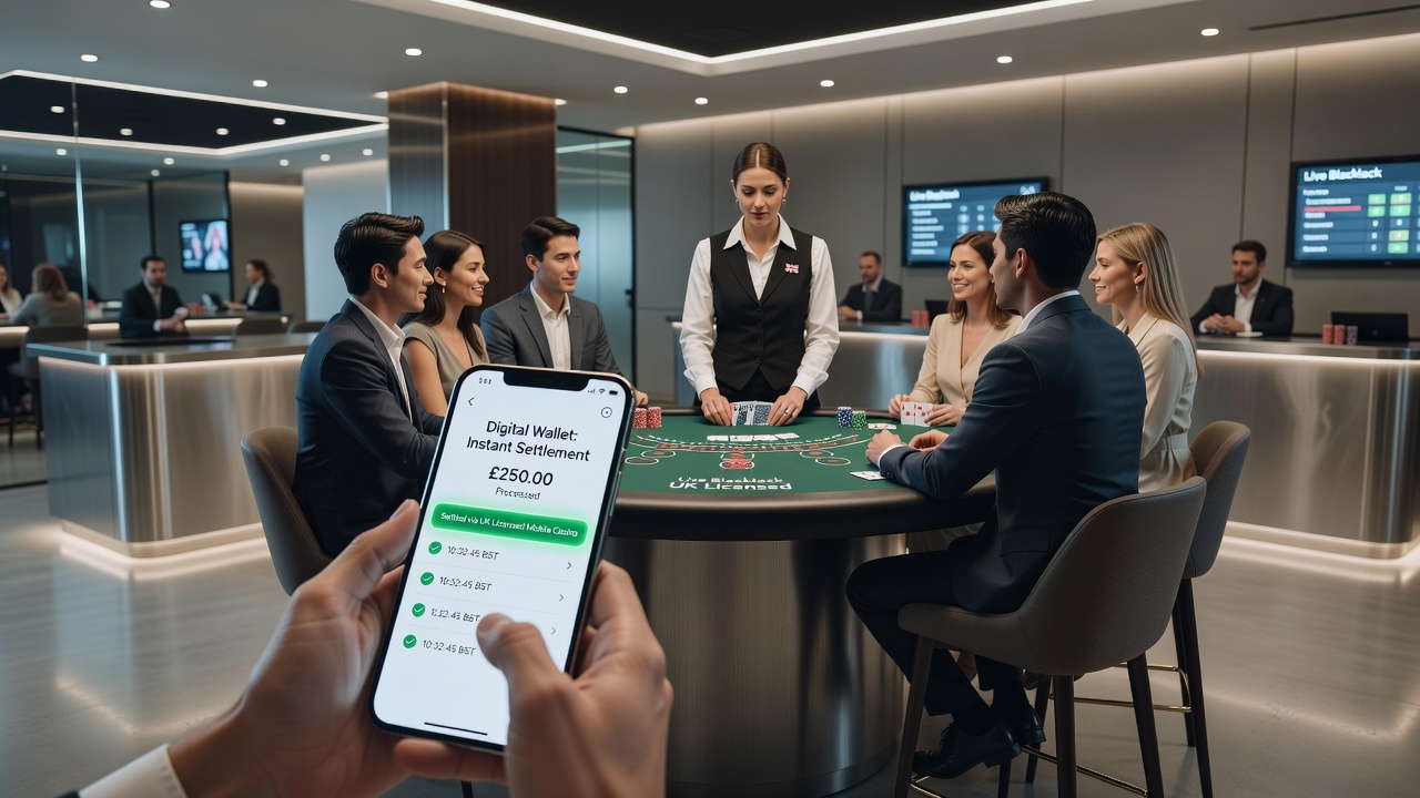 Mobile screen capture of live blackjack table with digital wallet balance overlay and settlement notification in a UK gaming app